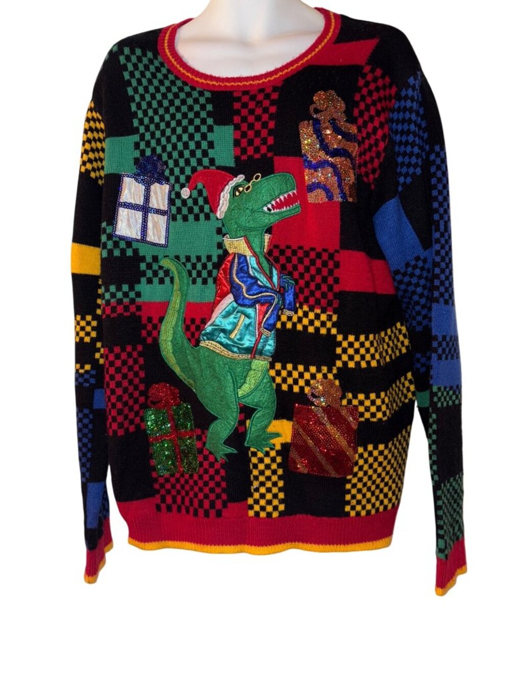 33 Degrees Mens XXL Sequin Dinosaur Ugly Christmas Sweater With Presents & Santa